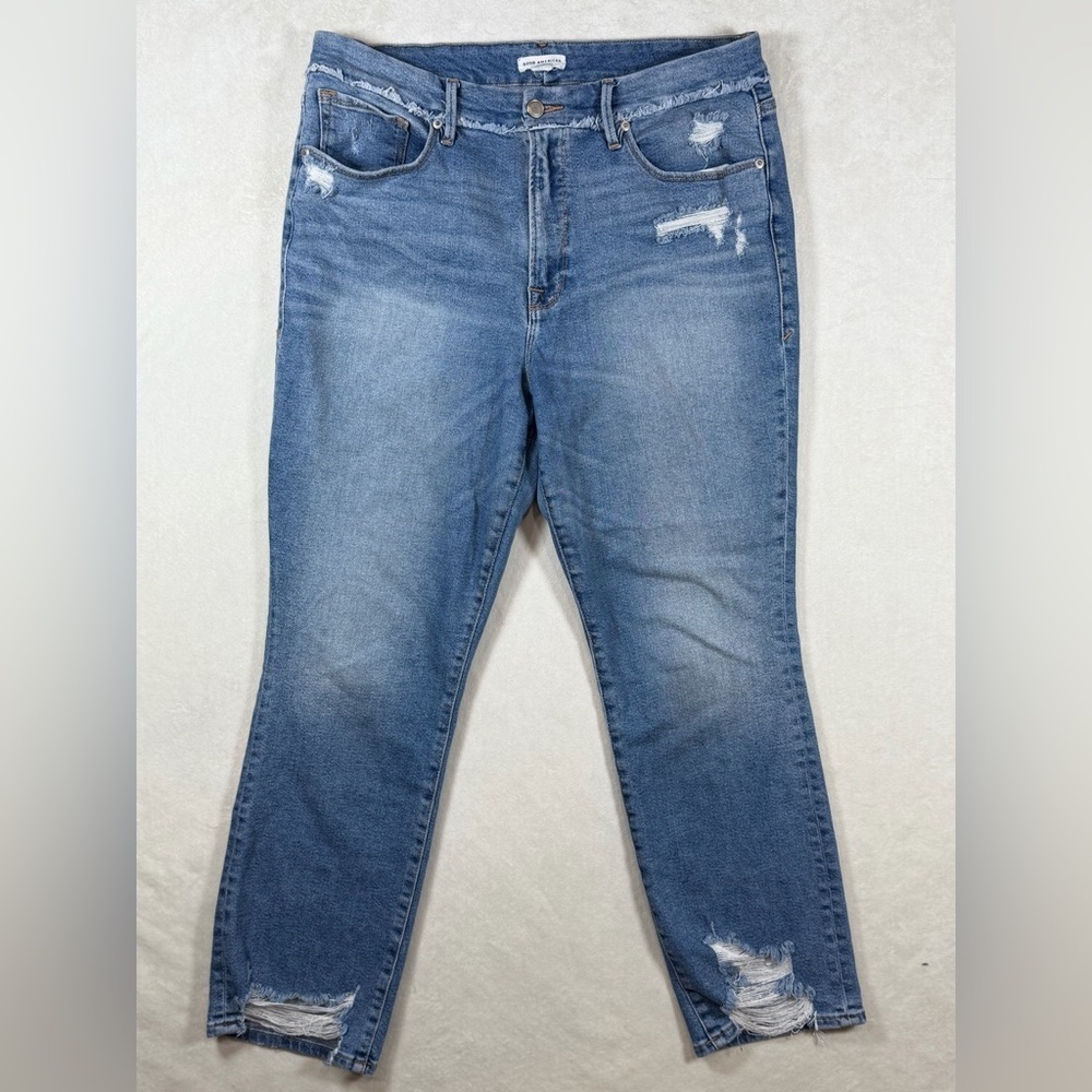 Good American Size 15 Blue Distressed Boyfriend Jeans Fantastic Details EUC